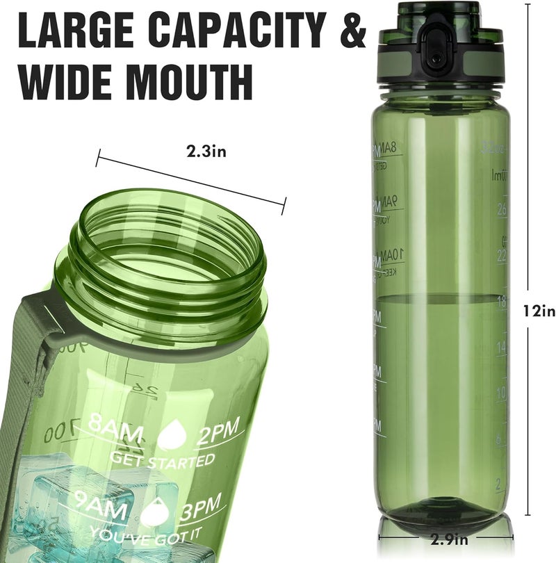OLDLEY Water Bottle 32oz, Durable and Leakproof Water Bottles Motivational with Time Marker, Tritan, BPA Free, Wide Mouth, Gym, Travel, Home, School, Office, Olive (1 Bottle) - Image 2